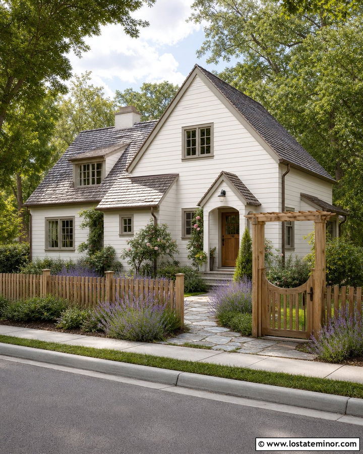 Warm White Cottage With Cedar Fence - 30 Warm White House Design With Fence Ideas