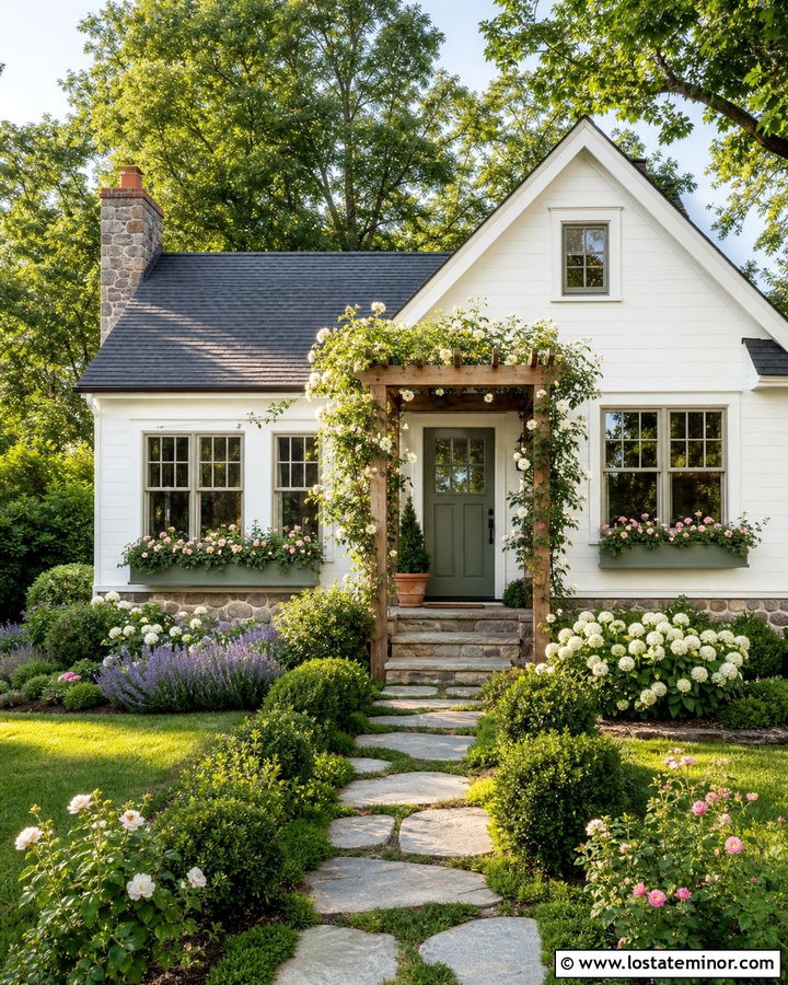 Warm White Cottage With Climbing Pergola - 30 Warm White House Design With Pergola Ideas