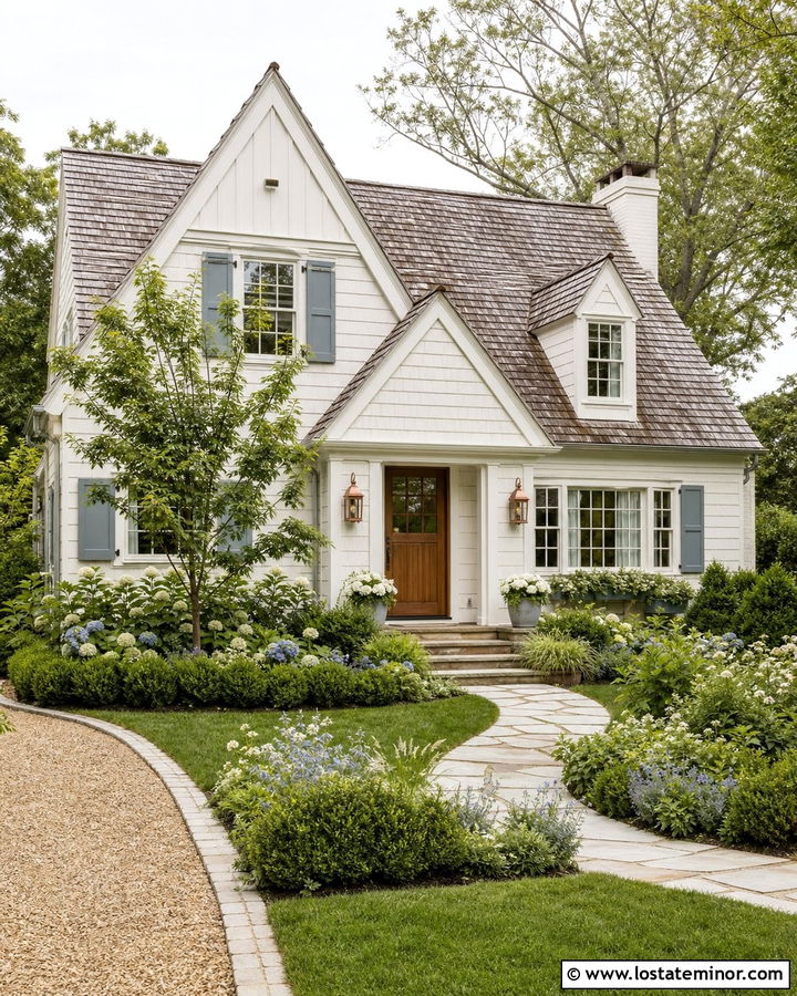 Warm White Cottage With Copper Porch Lights - 30 Warm White House Design With Lighting Ideas