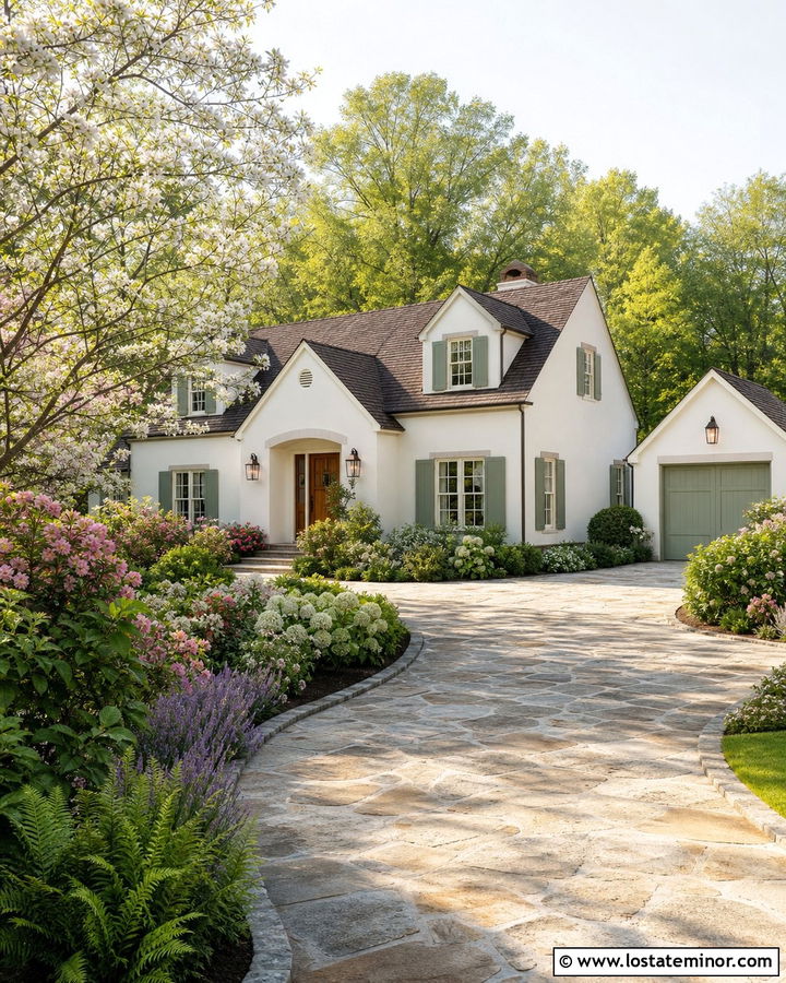 Warm White Cottage With Curved Stone Driveway - 30 Warm White House Design With Driveway Ideas