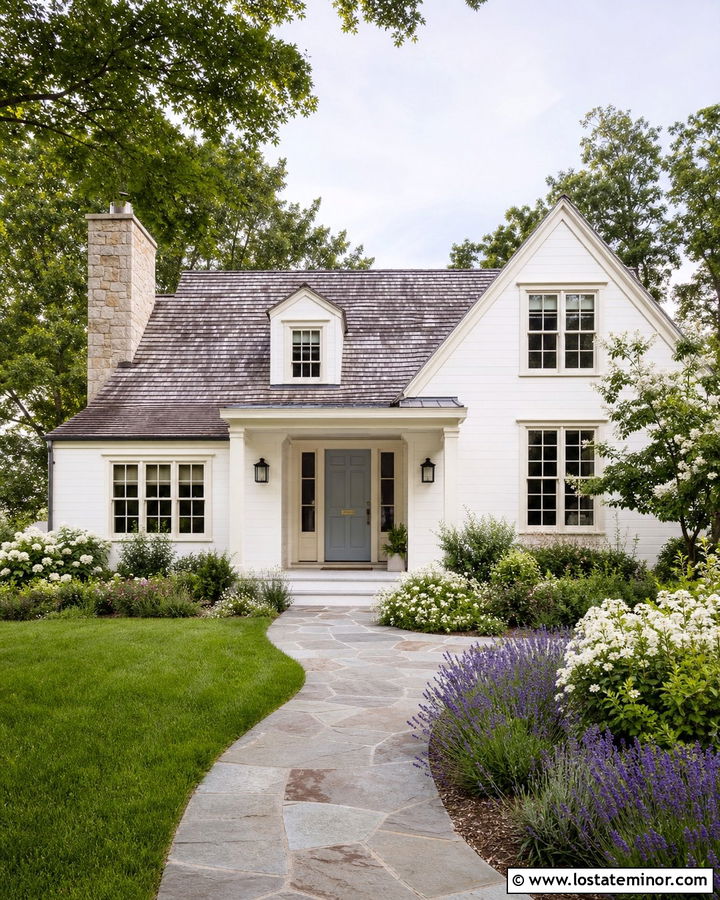 Warm White Cottage With Dusty Blue Front Door - 30 Warm White House Design With Front Door Ideas