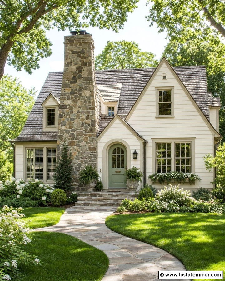 Warm White Cottage With Fieldstone Chimney - 30 Warm White House Design With Chimney Ideas