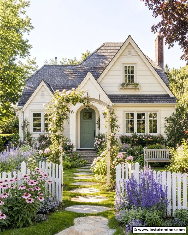 Warm White Cottage With Flower Garden - 30 Warm White House Design With Front Yard Ideas