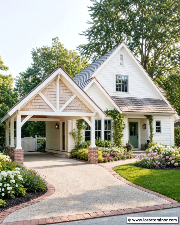 Warm White Cottage With Gabled Carport - 30 Warm White House Design With Carport Ideas