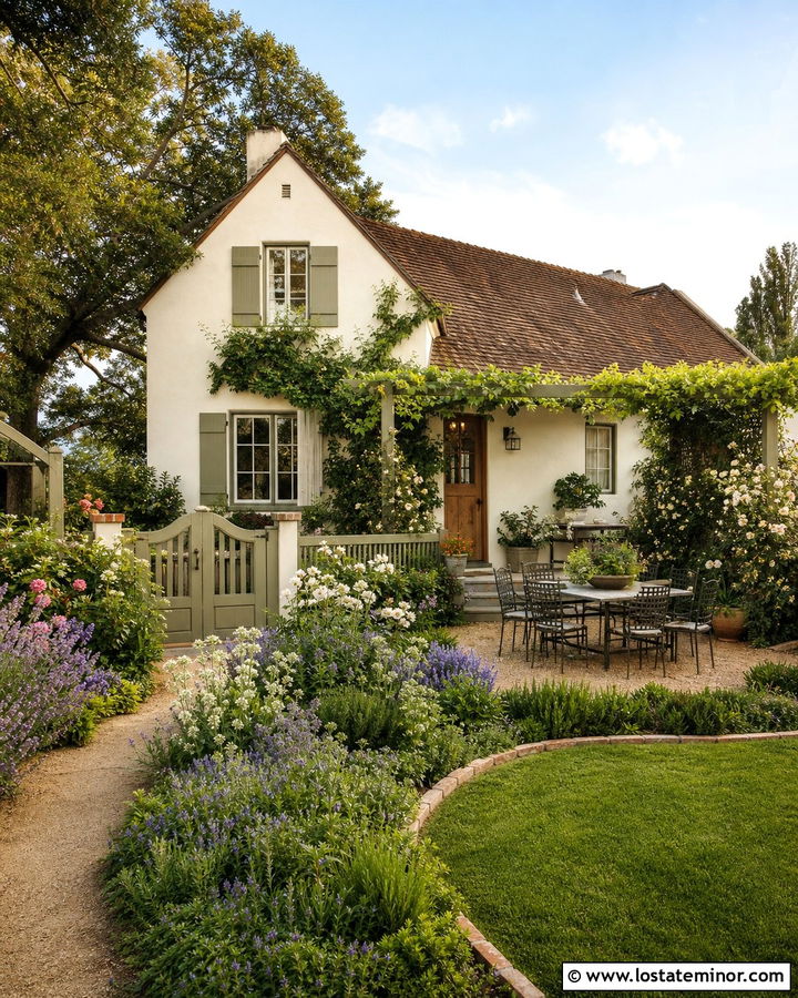 Warm White Cottage With Gravel Patio - 30 Warm White House Design With Backyard Ideas