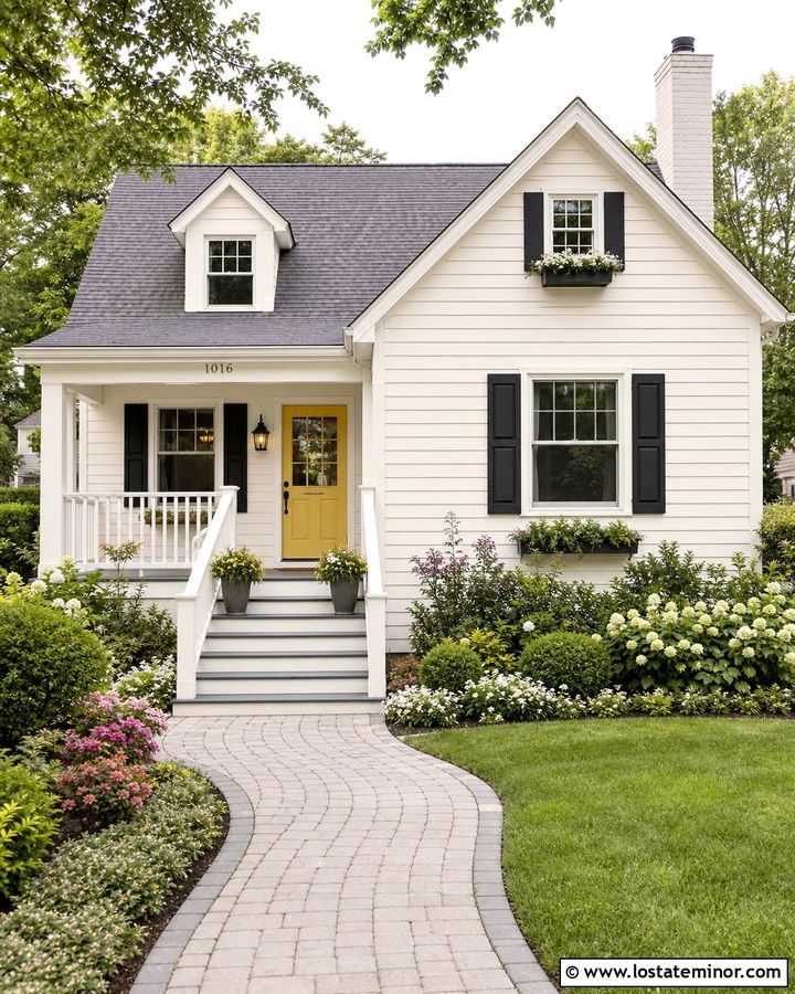 Warm White Cottage With Gray Painted Steps - 30 Warm White House Design With Steps Ideas
