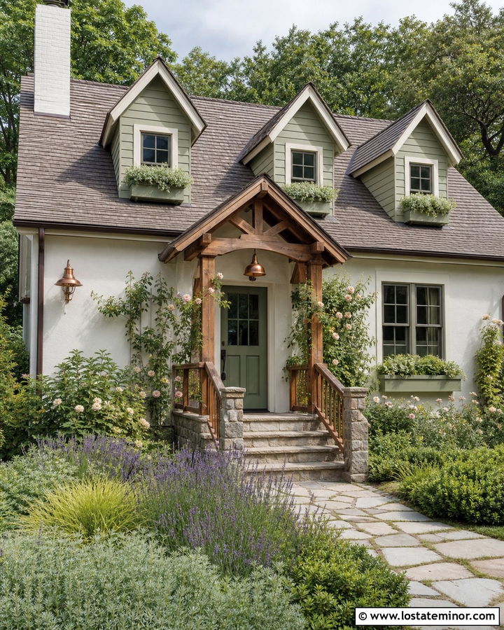 Warm White Cottage With Green Dormers - 30 Warm White House Design With Dormers Ideas