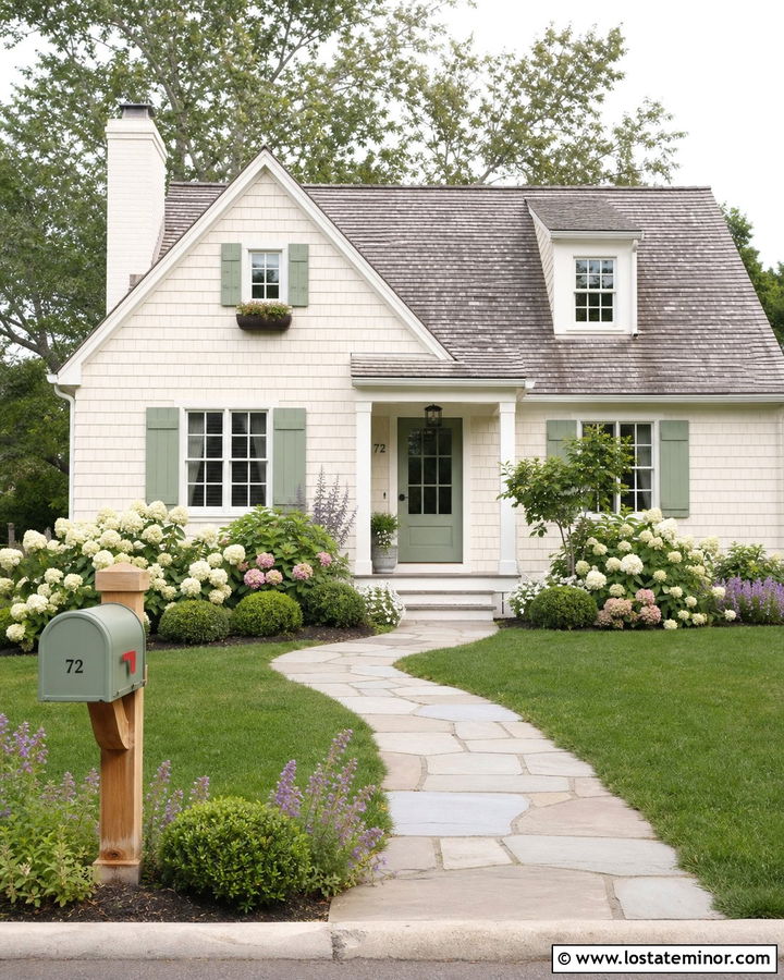 Warm White Cottage With Green Mailbox - 30 Warm White House Design With Mailbox Ideas