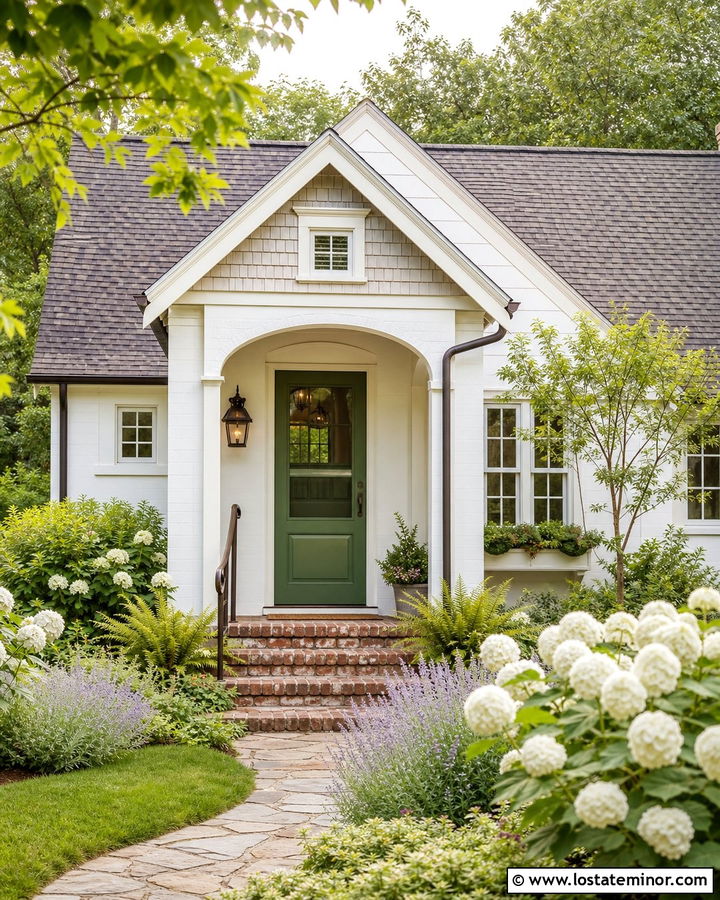 Warm White Cottage With Green Storm Door - 30 Warm White House Design With Storm Door Ideas