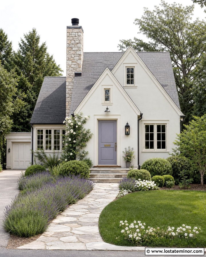 Warm White Cottage With Lavender Front Door - 30 Warm White House Design With Front Door Ideas