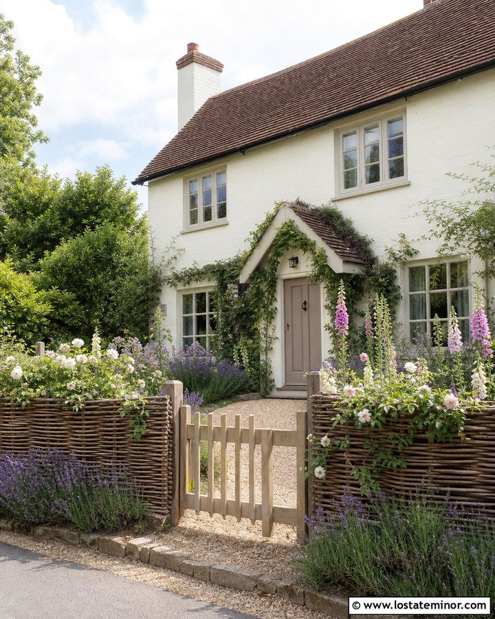 Warm White Cottage With Natural Willow Fence - 30 Warm White House Design With Fence Ideas