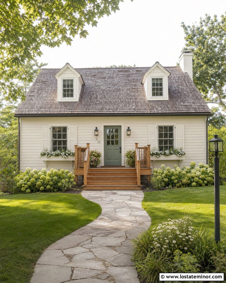 Warm White Cottage With Natural Wood Steps - 30 Warm White House Design With Steps Ideas