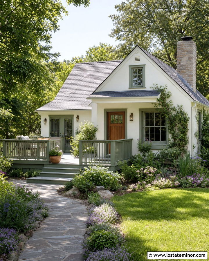Warm White Cottage With Painted Sage Deck - 30 Warm White House Design With Deck Ideas