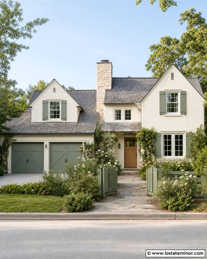 Warm White Cottage With Pale Green Garage Door - 30 Warm White House Design With Garage Door Ideas