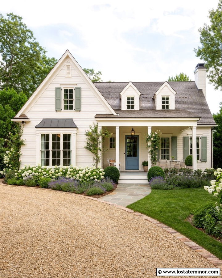 Warm White Cottage With Pea Gravel Driveway - 30 Warm White House Design With Driveway Ideas