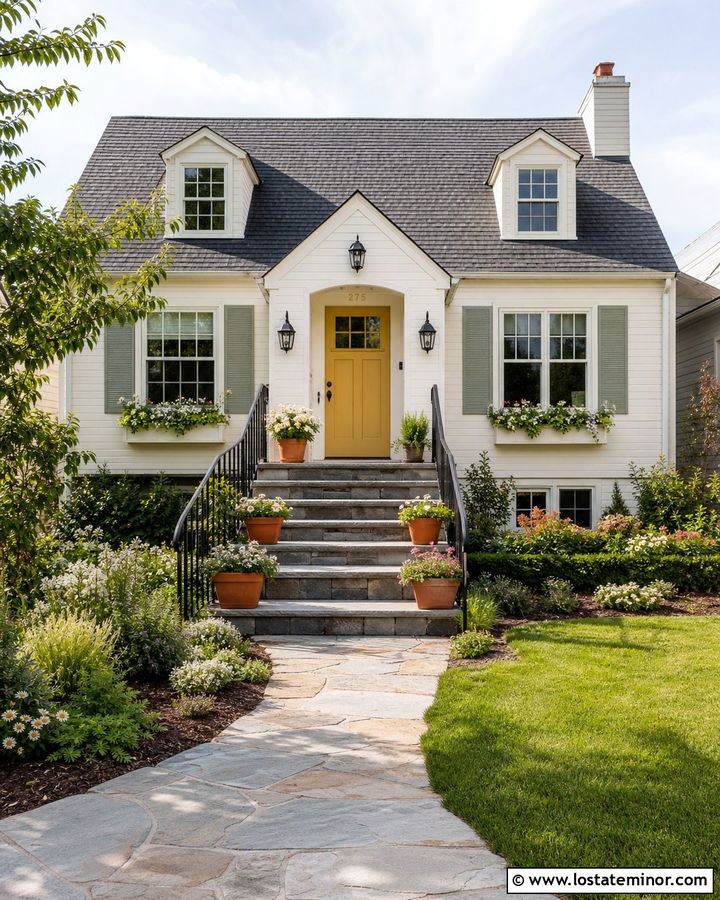 Warm White Cottage With Planter Lined Steps - 30 Warm White House Design With Steps Ideas
