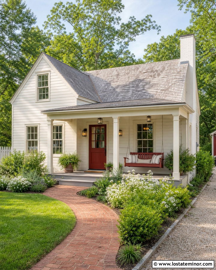 Warm White Cottage With Red Porch Swing - 30 Warm White House Design With Swing Ideas