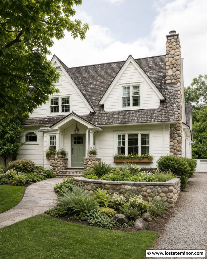 Warm White Cottage With River Rock - 30 Warm White House Design With Stone Accents Ideas