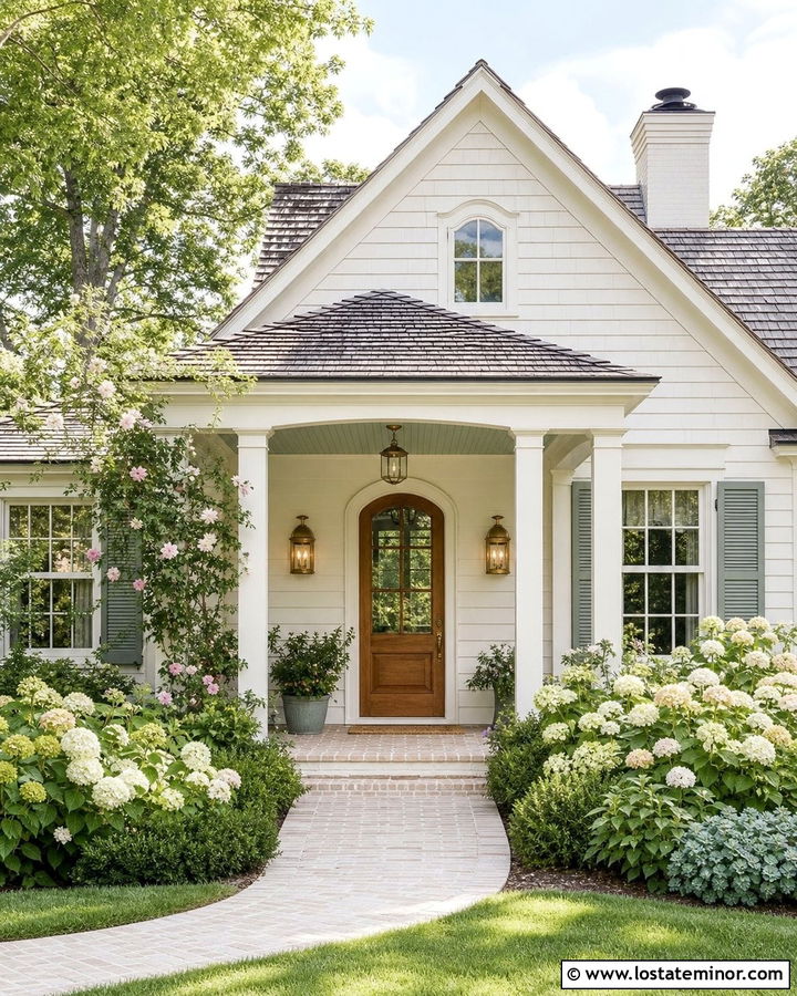 Warm White Cottage With Sage Green Porch Ceiling - 30 Warm White House Design With Porch Ceiling Ideas