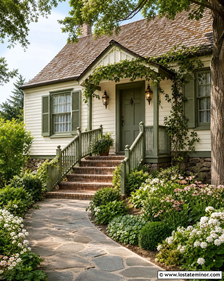 Warm White Cottage With Sage Green Railings - 30 Warm White House Design With Railings Ideas