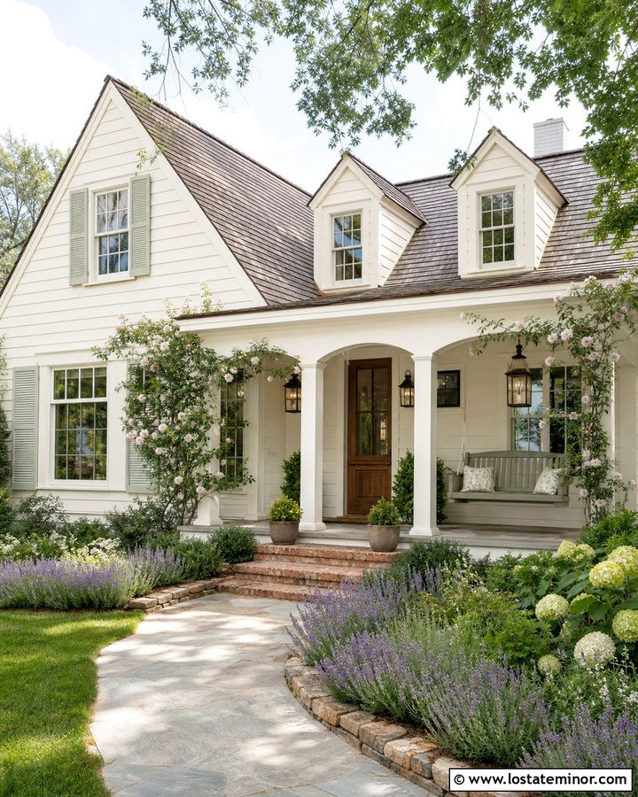 Warm White Cottage With Sage Green Swing - 30 Warm White House Design With Swing Ideas