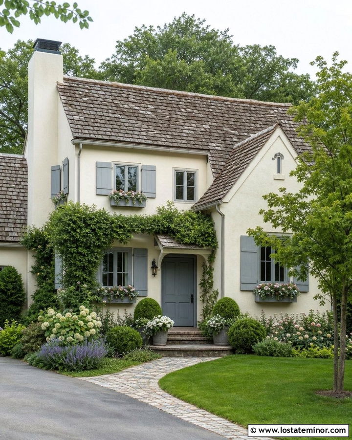 Warm White Cottage With Soft Gray Shutters - 30 Warm White House Design With Shutters Ideas