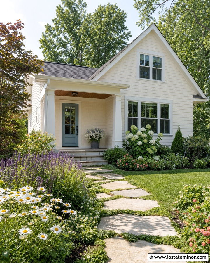 Warm White Cottage With Stepping Stone Walkway - 30 Warm White House Design With Walkway Ideas
