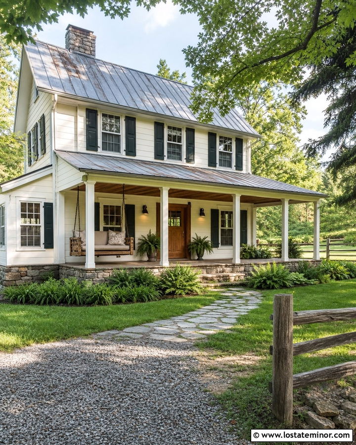 Warm White Country House With Rustic Log Swing - 30 Warm White House Design With Swing Ideas