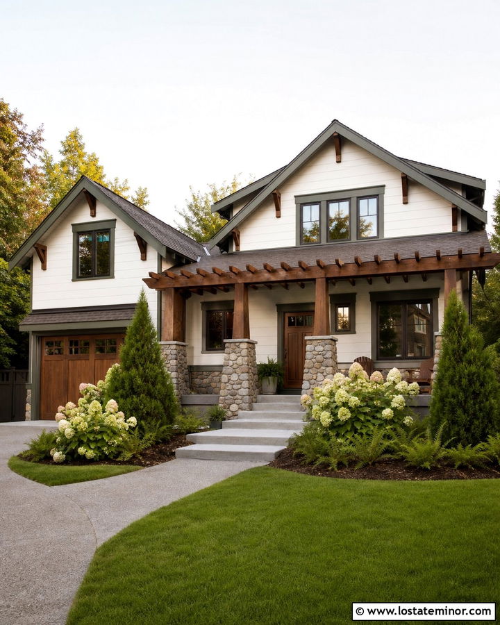 Warm White Craftsman House With Front Pergola - 30 Warm White House Design With Pergola Ideas