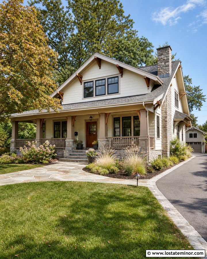 Warm White Craftsman House With Native Grasses - 30 Warm White House Design With Landscaping Ideas
