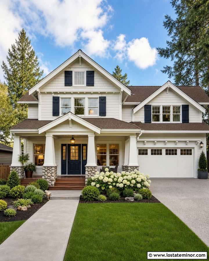 Warm White Craftsman House With Navy Shutters - 30 Warm White House Design With Shutters Ideas