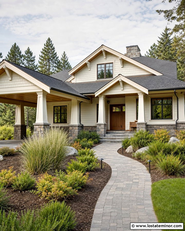 Warm White Craftsman House With Stone Carport - 30 Warm White House Design With Carport Ideas