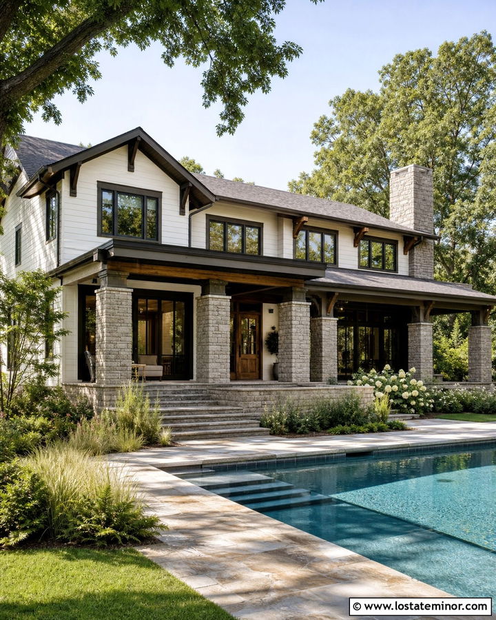 Warm White Craftsman House With Stone Pool Deck - 30 Warm White House Design With Swimming Pool Ideas