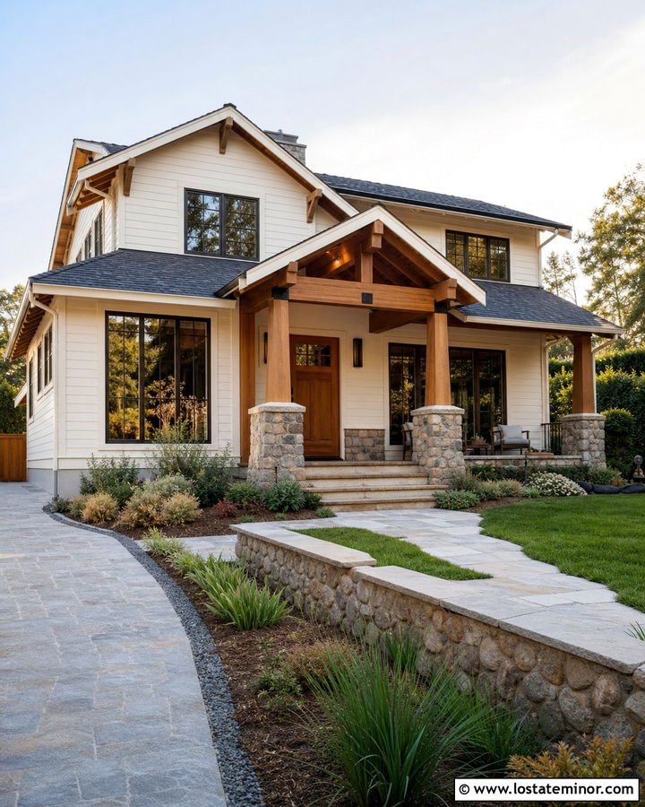 Warm White Craftsman House With Timber Portico - 30 Warm White House Design With Portico Ideas