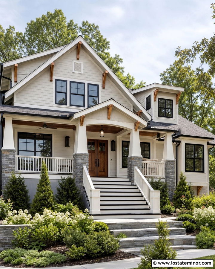Warm White Craftsman With Black Stair Treads - 30 Warm White House Design With Steps Ideas