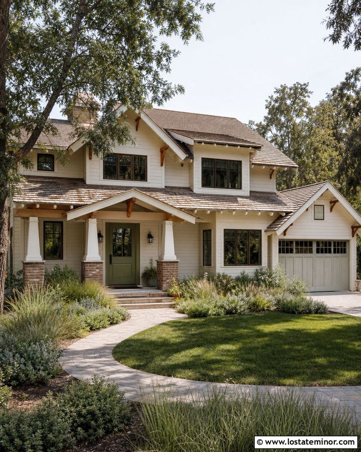 Warm White Craftsman With Brick Porch Columns - 30 Warm White House Design With Brick Accents Ideas