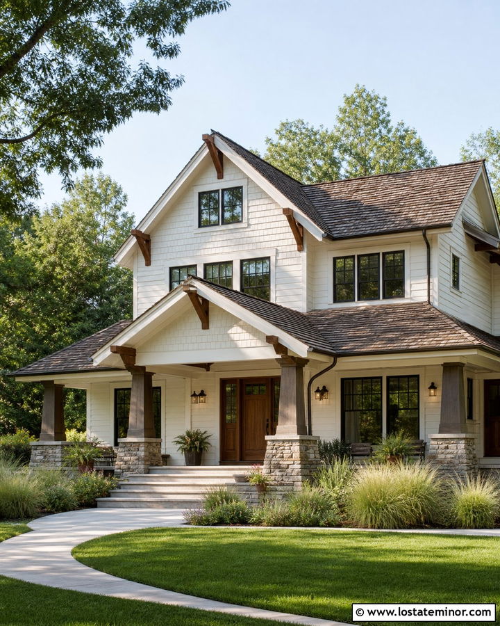 Warm White Craftsman With Bronze Lights - 30 Warm White House Design With Light Fixtures Ideas