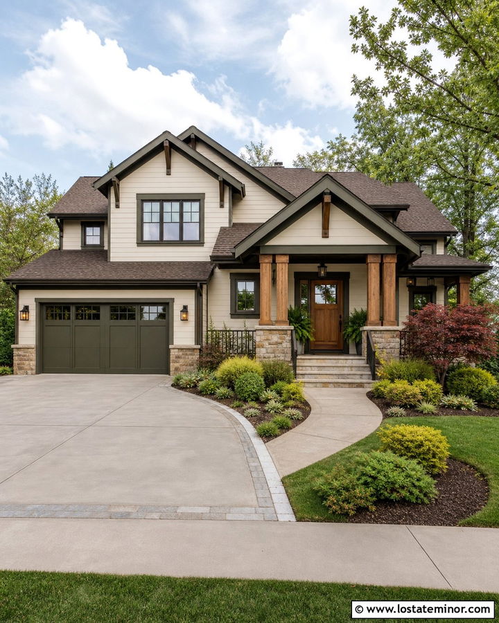 Warm White Craftsman With Broom Finish Concrete Driveway - 30 Warm White House Design With Driveway Ideas