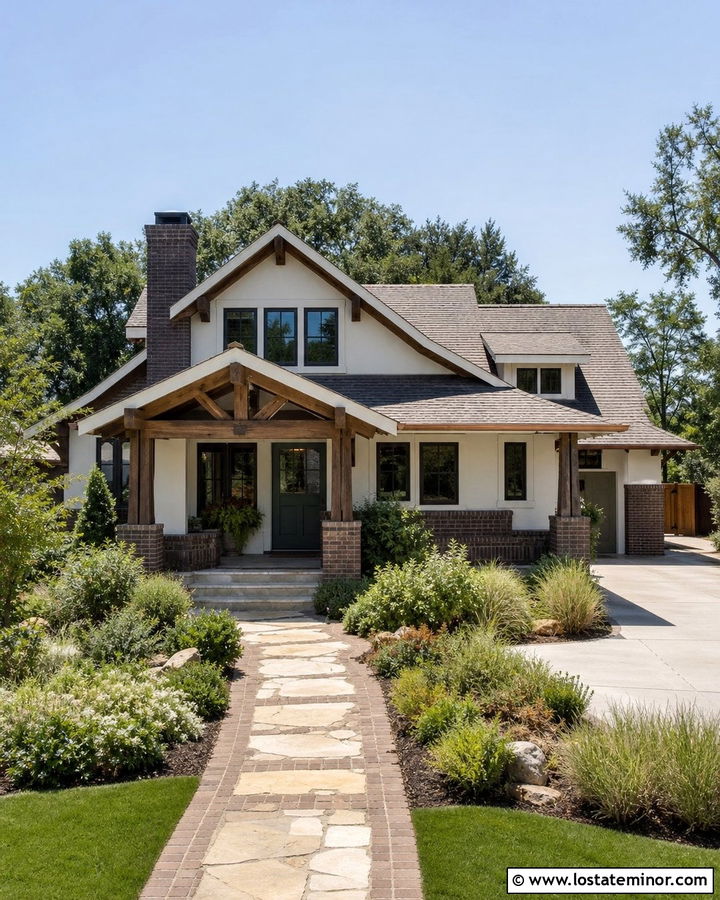 Warm White Craftsman With Brown Brick - 30 Warm White House Design With Brick Accents Ideas