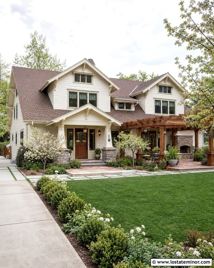 Warm White Craftsman With Cedar Pergola - 30 Warm White House Design With Backyard Ideas