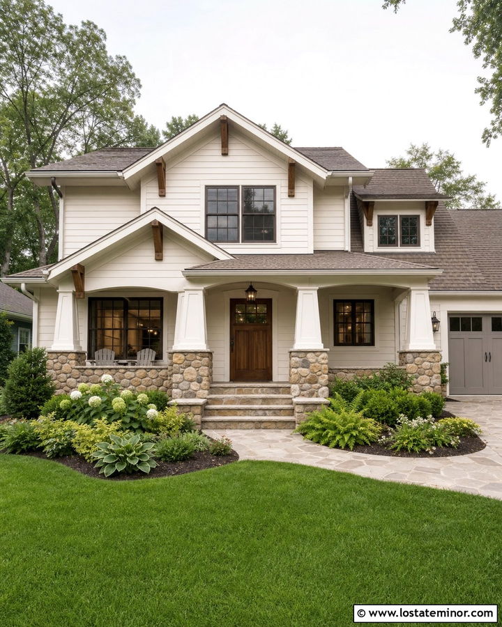 Warm White Craftsman With Fieldstone Porch - 30 Warm White House Design With Stone Accents Ideas
