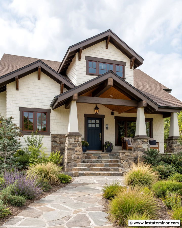 Warm White Craftsman With Gray Stone Steps - 30 Warm White House Design With Steps Ideas