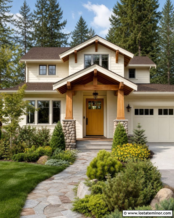 Warm White Craftsman With Mustard Yellow Front Door - 30 Warm White House Design With Front Door Ideas