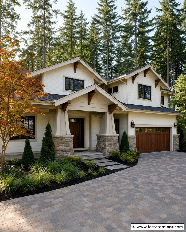 Warm White Craftsman With Paver Driveway - 30 Warm White House Design With Driveway Ideas