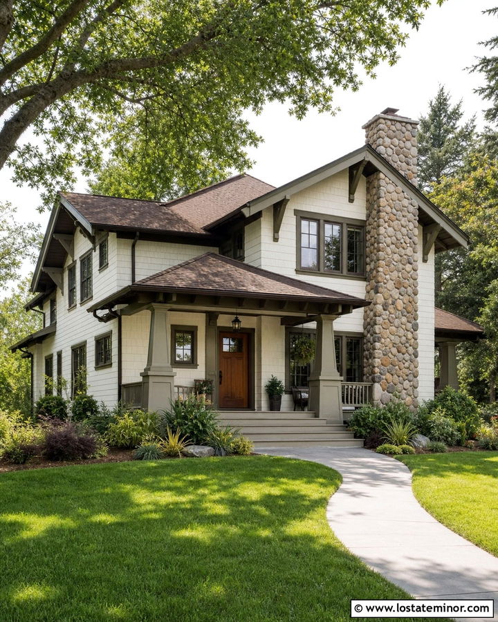 Warm White Craftsman With River Rock Chimney - 30 Warm White House Design With Chimney Ideas