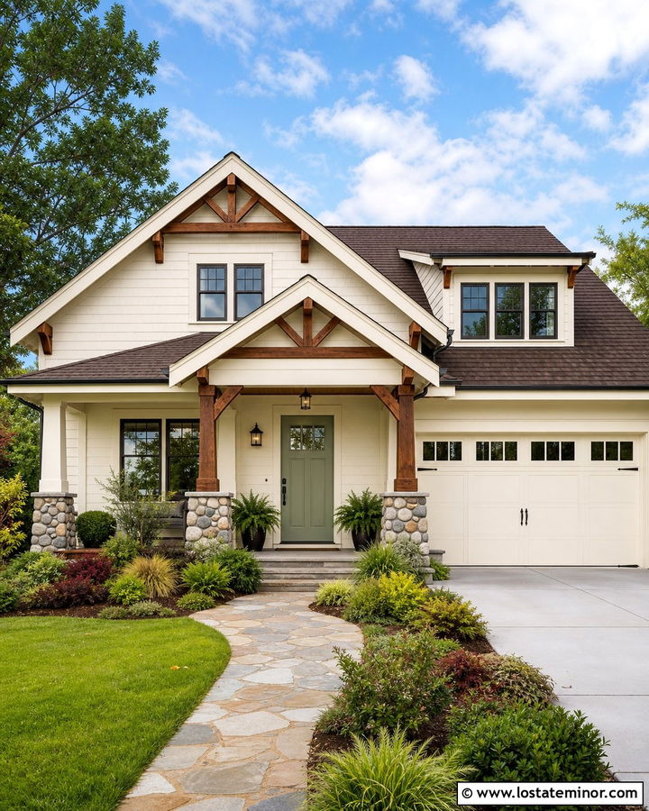 Warm White Craftsman With Sage Green Front Door - 30 Warm White House Design With Front Door Ideas