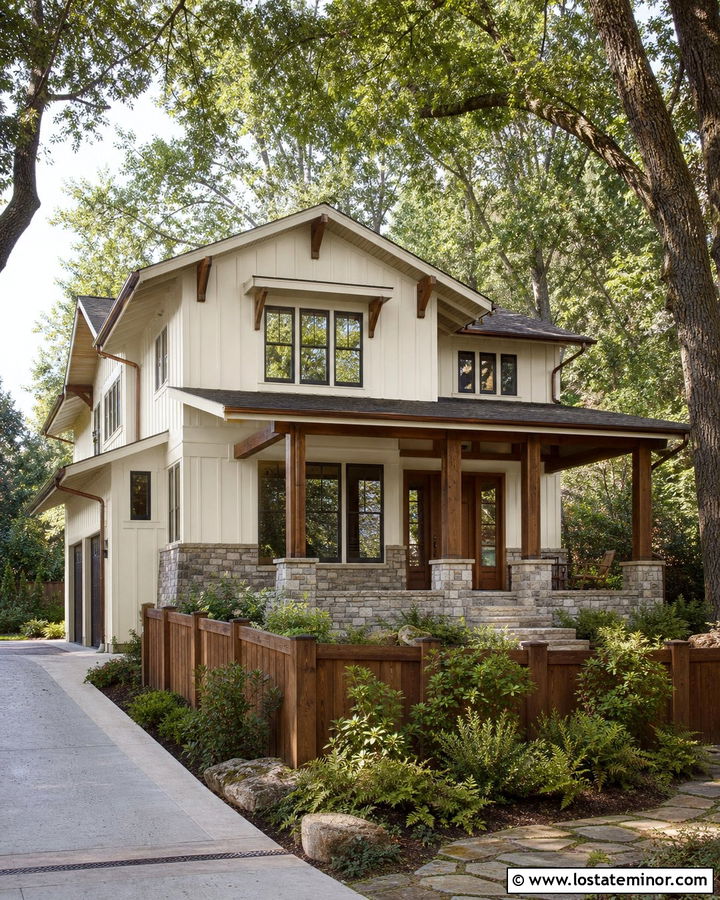 Warm White Craftsman With Stained Wood Fence - 30 Warm White House Design With Fence Ideas