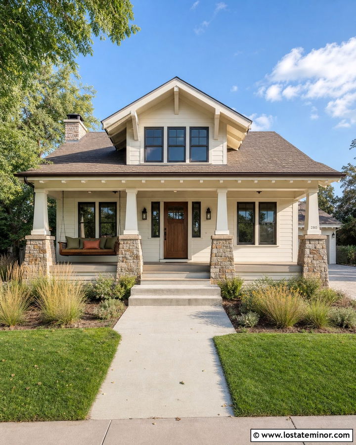 Warm White Craftsman With Stained Wood Swing - 30 Warm White House Design With Swing Ideas