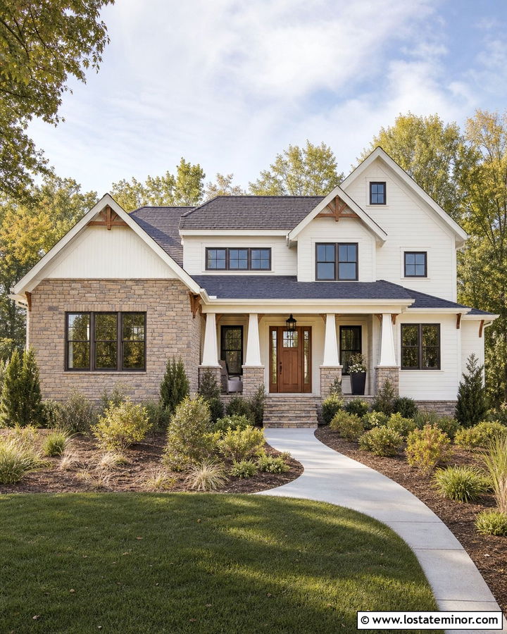 Warm White Craftsman With Stone Gables - 30 Warm White House Design With Gables Ideas