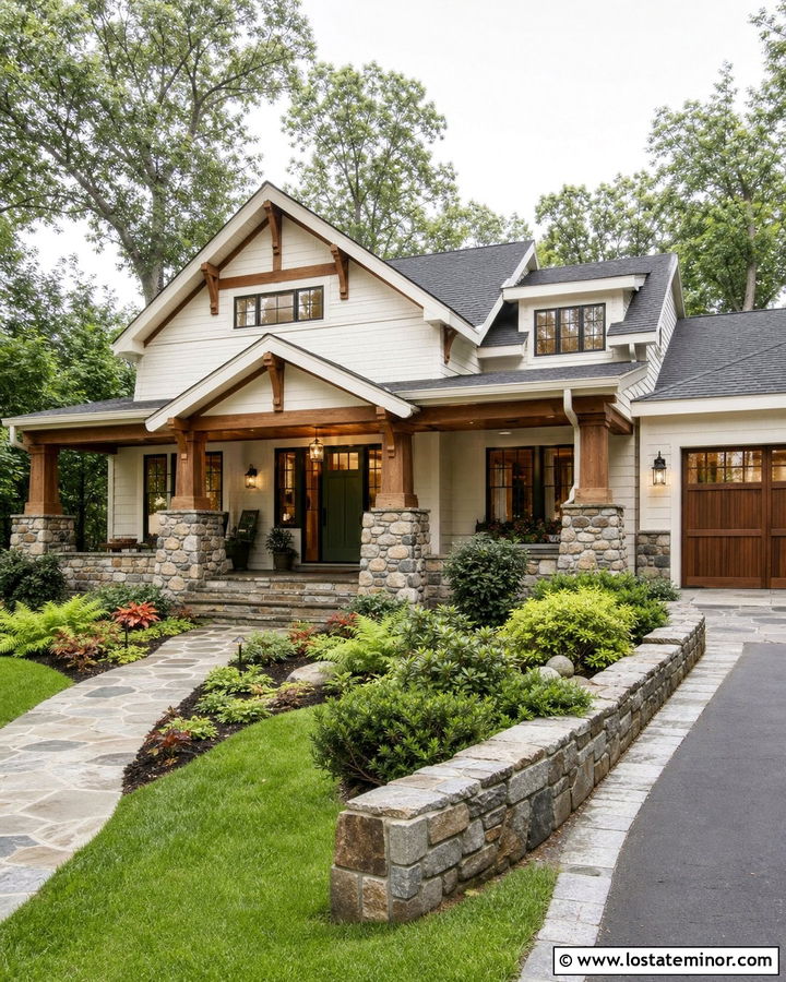 Warm White Craftsman With Stone Garden Beds - 30 Warm White House Design With Front Yard Ideas